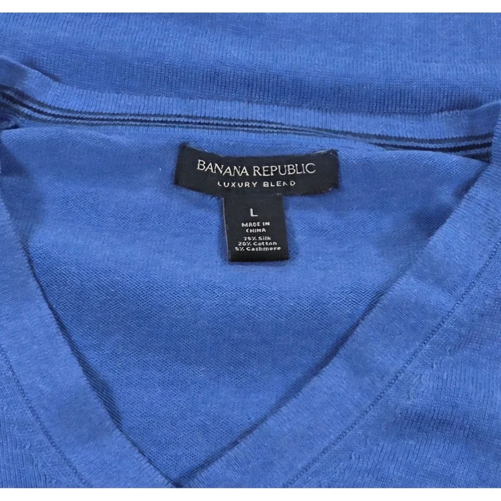 Banana Republic Luxury Blend Silk Cashmere V-Neck Sweater Blue Lg Mens Pullover